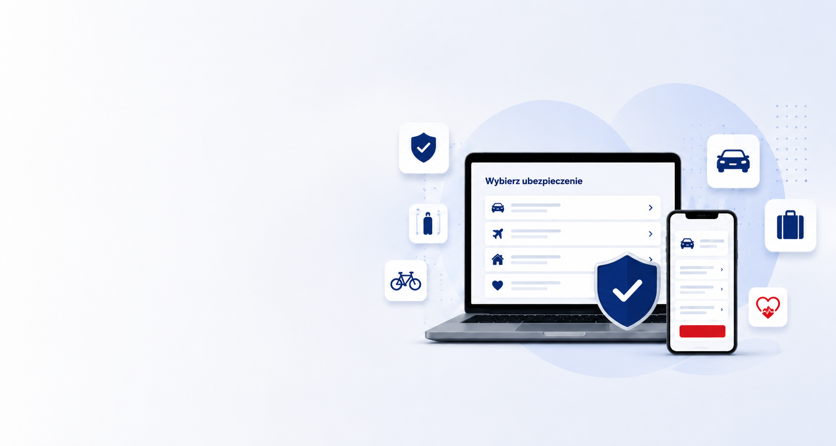 Laptop, telefon i tarcza symbolizujące bezpieczny zakup ubezpieczenia online